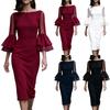Damen schulterfreies farbiges eng anliegendes Kleid mit doppellagigen ausgestellten Ärmeln für formelle Party