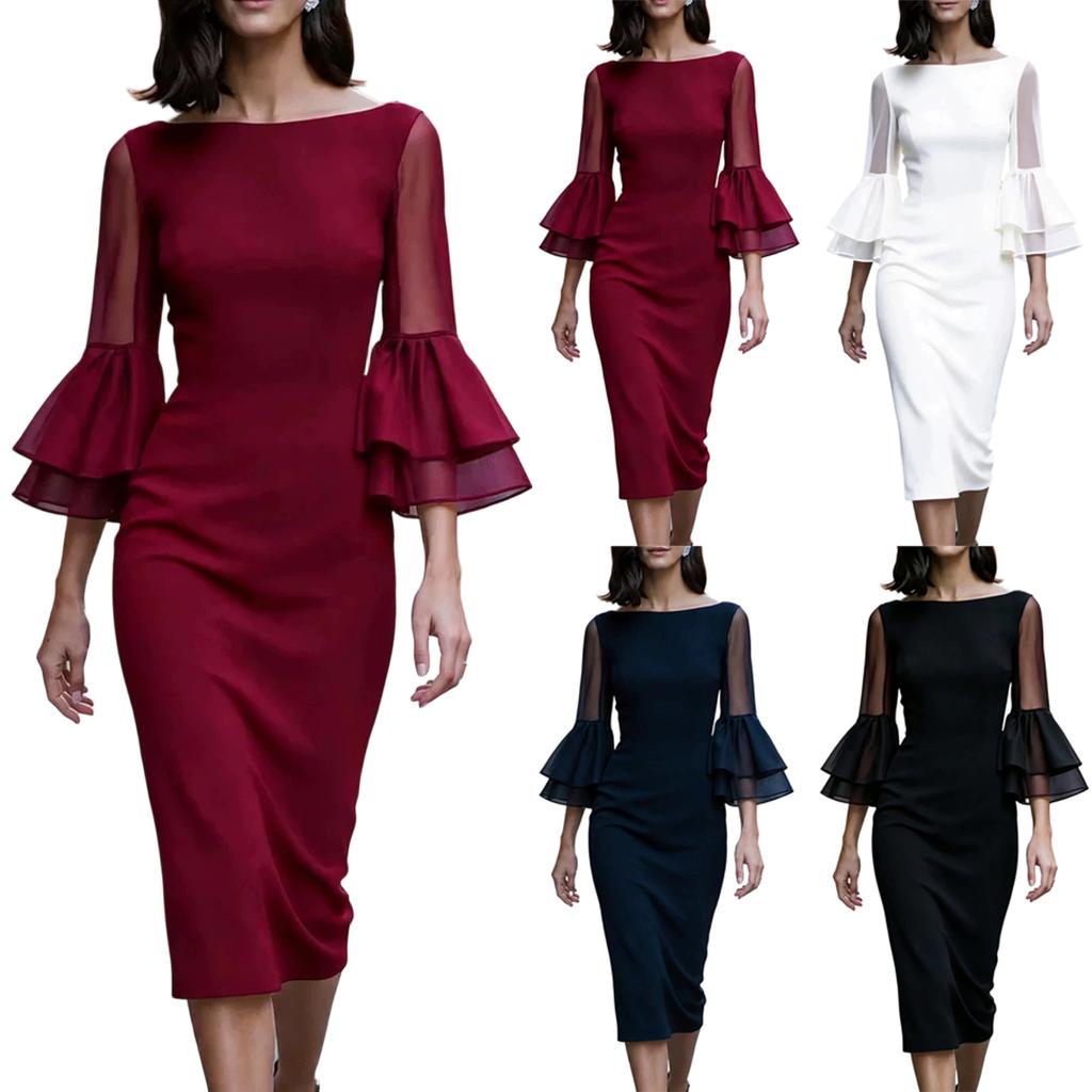 Damen schulterfreies farbiges eng anliegendes Kleid mit doppellagigen ausgestellten Ärmeln für formelle Party