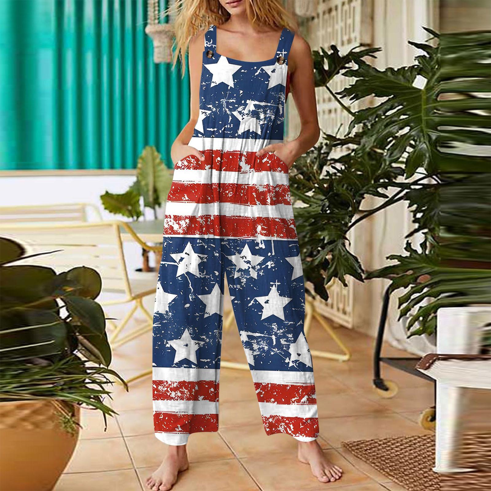 

Женский модный комбинезон на пуговицах без рукавов с принтом ко Дню независимости XXL белый