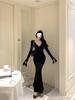 Autumn 2025 Black Slim-Fit Cinched Waist V-Neck Mermaid Dress for Women