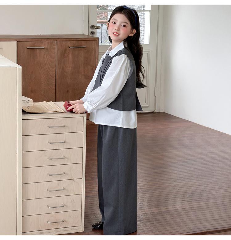 2026 Girls' Spring Academy Style Three-Piece Outfit: Bow Vest, Shirt & Suit