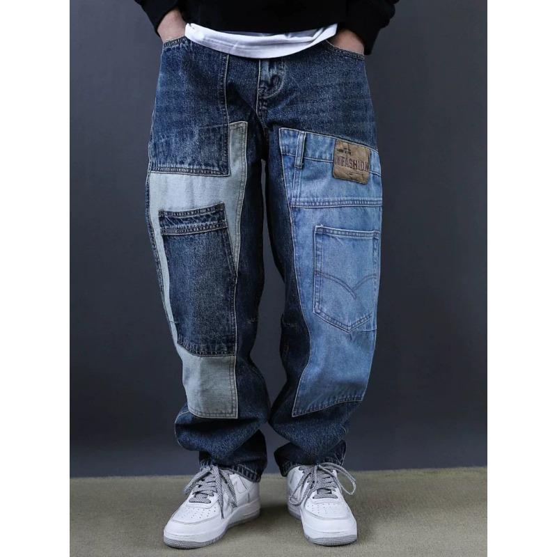 2026 Ретро Стирка Заплатки Джинсы Мужские Модный Бренд Свободные Рабочие Штаны Шаровары Модный Американский Стиль 28 синий