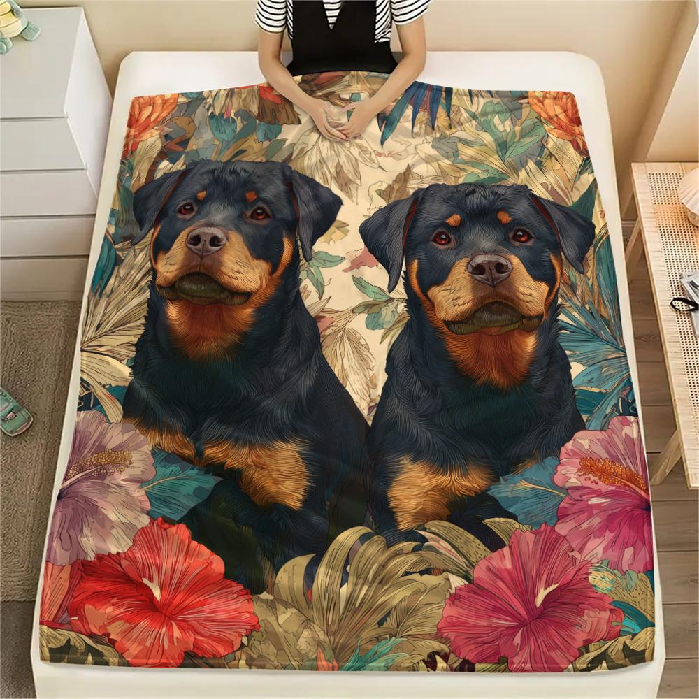 Rottweiler und Blätter, Muster Flanelldecke, Hohe Qualität, Bequem für alle Jahreszeiten, Heimdekoration, Wärme und Komfort, Perfekt für Geschenke.