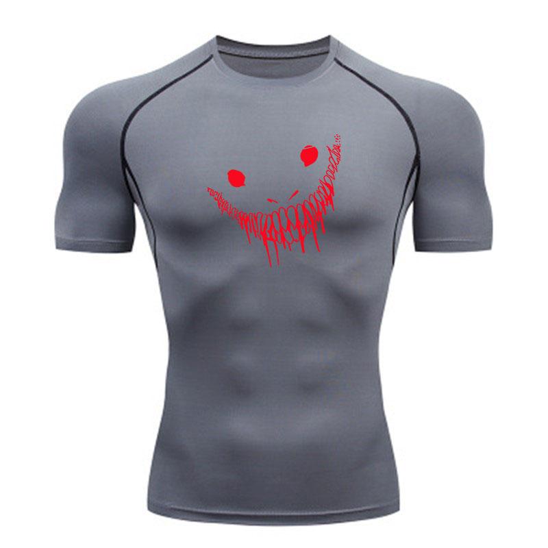 Men's Compression Fitness Sports T-shirt, Red Smiley Face Graffiti Drip Print Quick Dry Breathable Athletic Top for Gym Workout Running Training Casua