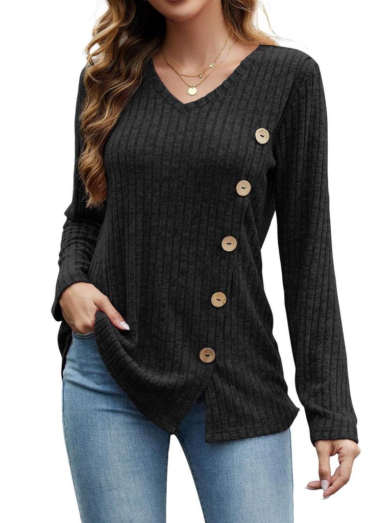 2023 Women's Autumn & Winter V-Neck Button Split Loose Long-Sleeve T-Shirt Top