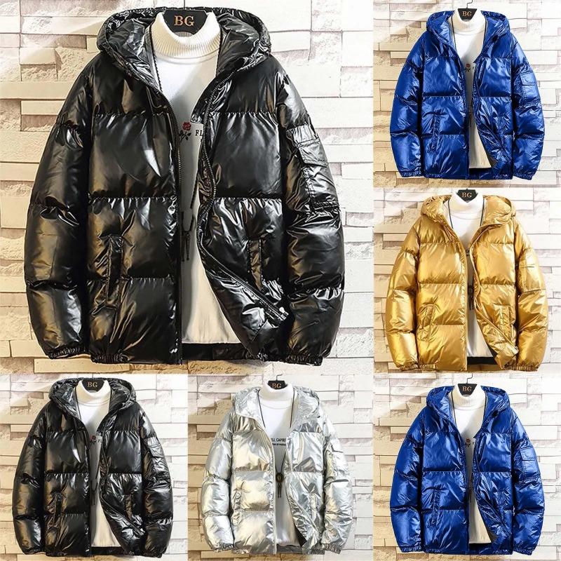 Men's Winter Parkas Solid Color Casual Glossy Warm Down Jacket With Hood Fashion Zipper Fleece Lined Puffer Outwears Jacket