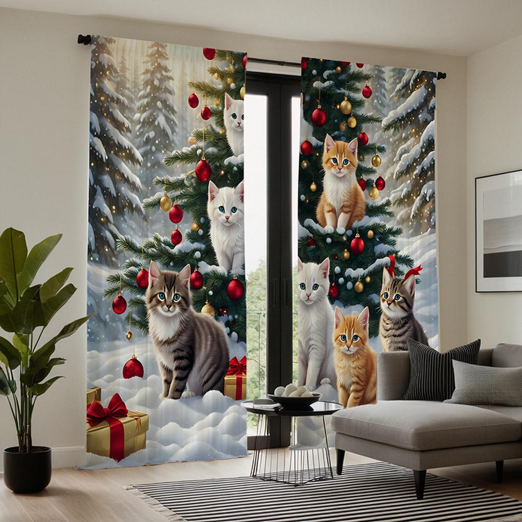 2 kusy HD vánočního stromku na kočce sněhová dekorativní záclona Žlutá vázanka digitálně tištěná záclona styl bytové dekorace decora