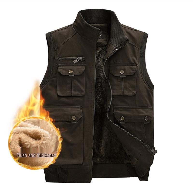 

European Fleece-Lined Autumn/Winter Cotton Vest - Detachable Military-Style Gilet with Multi-Pockets L