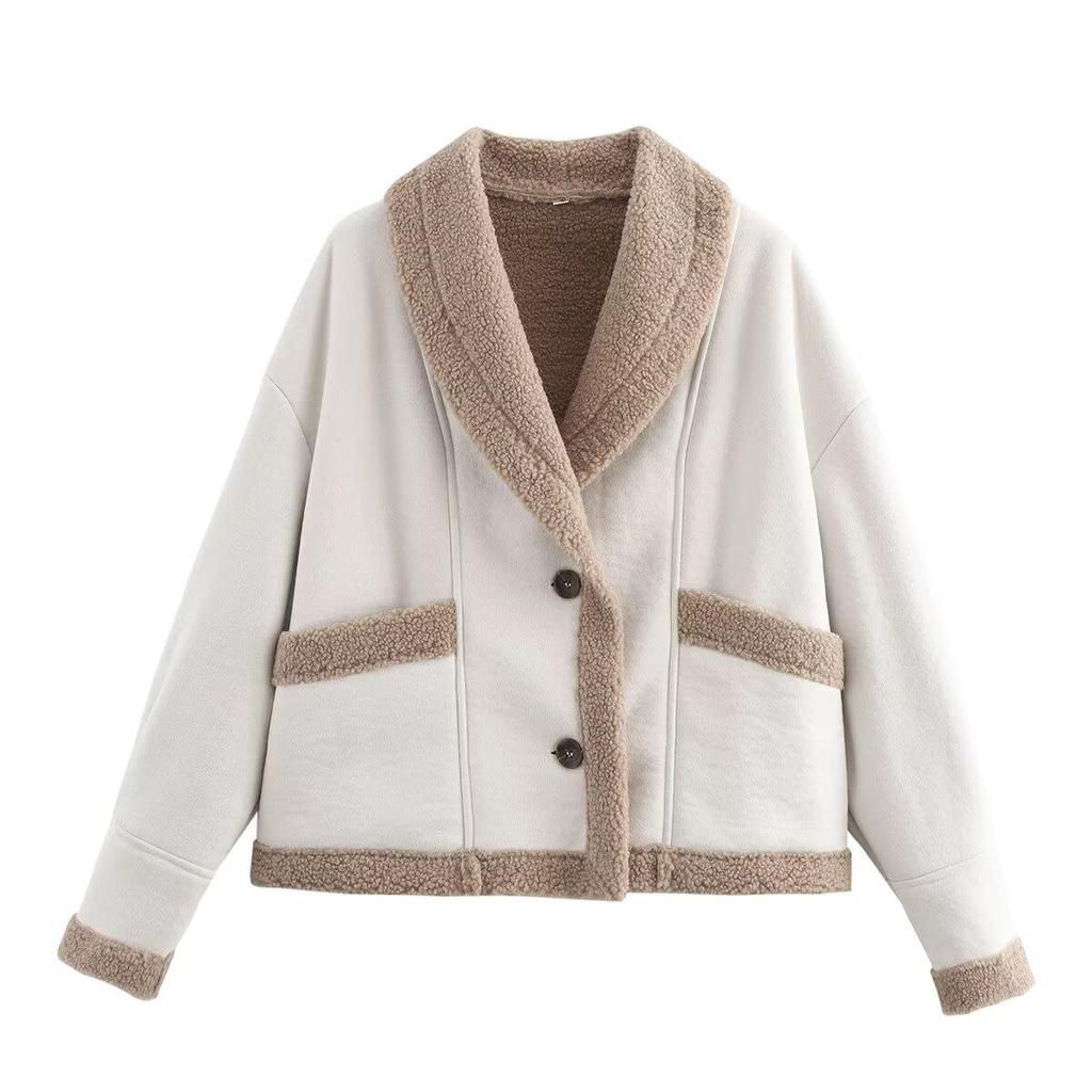 Kurtka damska vintage z polaru z kieszenią, swobodna, z długim rękawem, damska, jesienna, ciepła, gruba, elegancka, uliczna, szykowna
