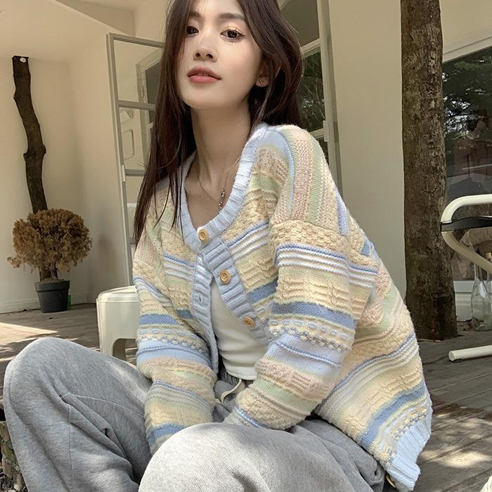 Loose Striped Korean-Style Outerwear Women's Early Spring Autumn Versatile Thin Knit Sweater Cardigan Coat