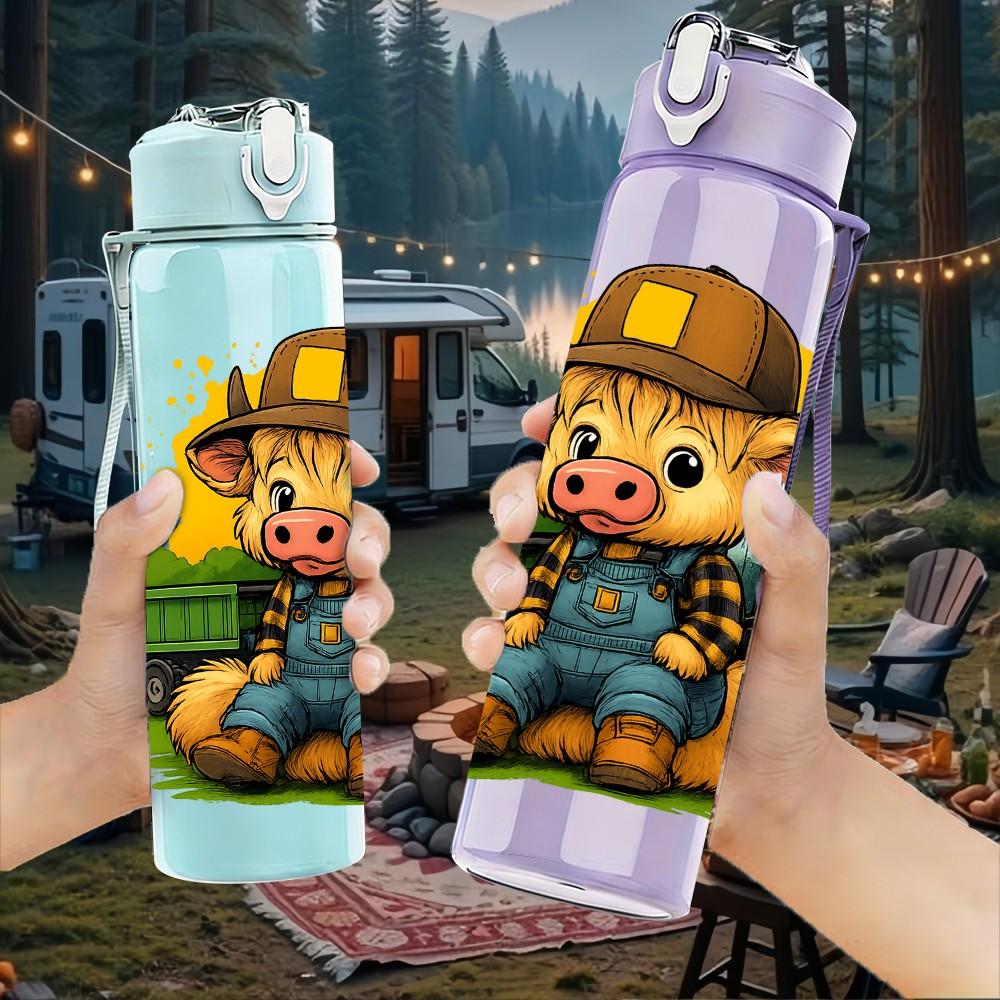 1PC Construction Pig Worker Cartoon 750ml Color Plastic Sports Water Bottle Leakproof Flip Straw Lid Suitable for Sports Office Home Use