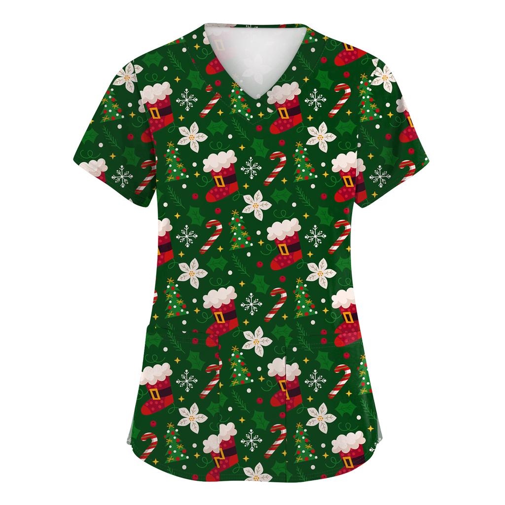 Women's Fashion Short Sleeve Christmas Print V-Neck Pocket Workwear Tops