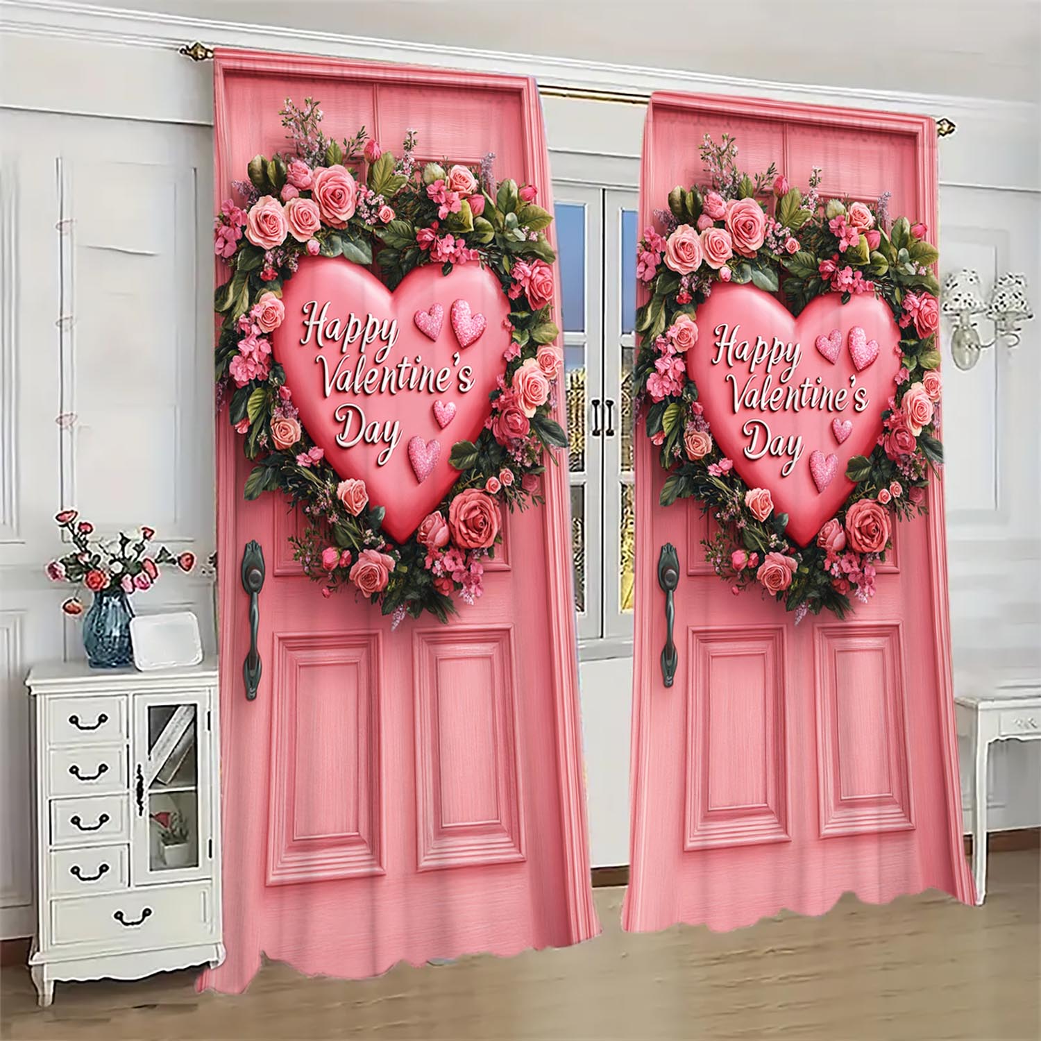 2pcs Romantic Valentine s Day Pink Rose Love Door Decoration Polyester Fiber Pole Mouth Printed Curtains 100*130 HOOK 1pcs