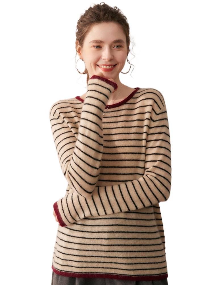 Cashmere Blend Women's Round Neck Color Block Stripe Knitwear: Loose, Elegant, Casual Autumn/Winter Pullover.