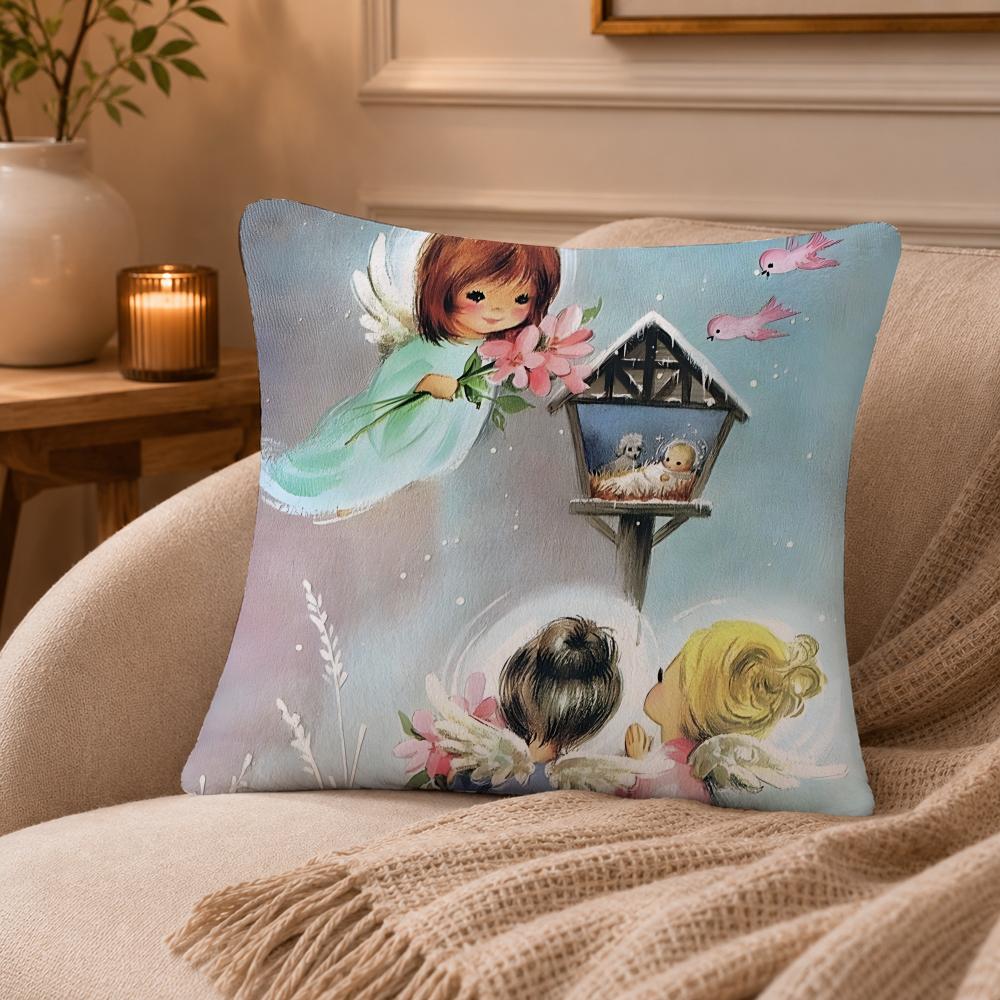 vintage little angel Cushion Cover Anti-dustmite Pillowcase Invisible zipper silky short plush Sofa cushion cover