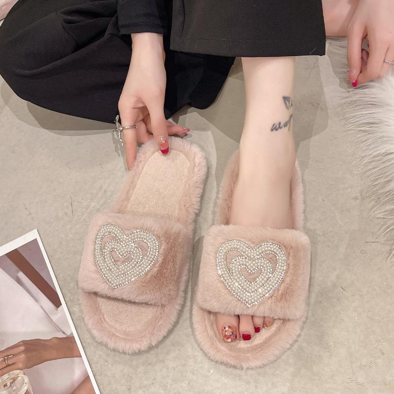 Fashion 2025 New Fashionable Hot Diamond Pearl Love Hair Cotton Slippers for Autumn and Winter Home Slipper Comfortable Cotton Slippers