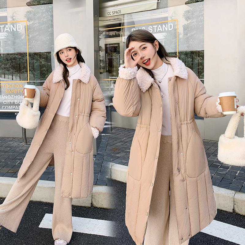 2025 New Lamb Wool Collar Waist Women's Long Down Cotton Clothes Solid Color Single-breasted Loose Coat