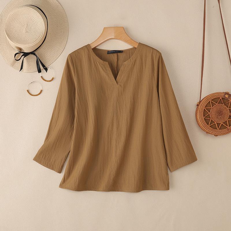 

ZANZEA Женская повседневная однотонная блузка с V-образным вырезом и рукавом 3/4 M