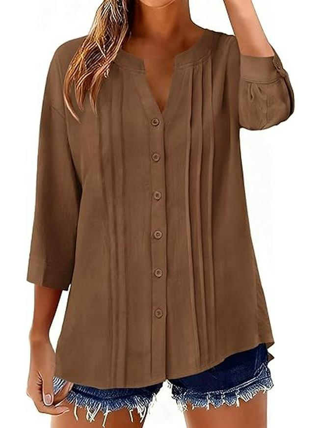 

Spring 2026 Seven-Sleeve V-Neck Pleated Casual Cotton Linen Shirt Extra Extra Large кофейный