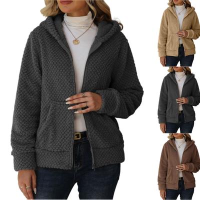 Damen Lockerer Kapuzen-Cardigan mit Reißverschluss und Taschen Damen Plüschmantel
