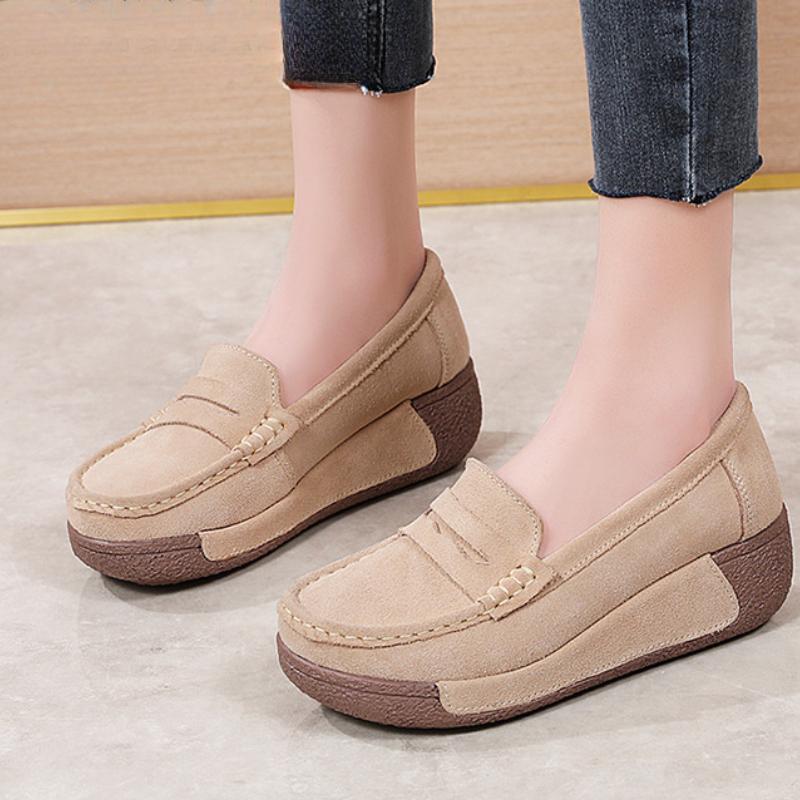 Cow Suede Women Platform Shoes Fashion Wedge Heels Elegant Ladies Casual Walking Shoes Slip-on Loafers