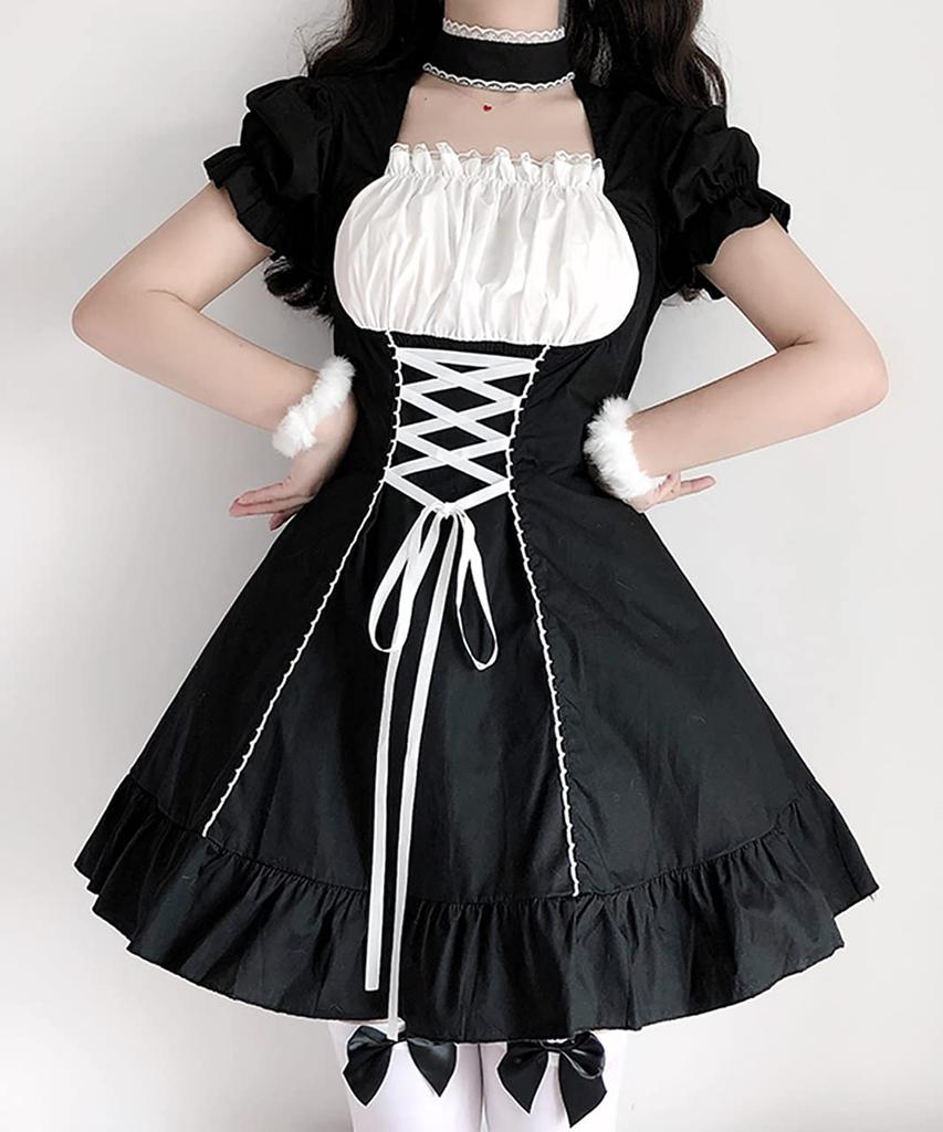Robe Lolita pour femme Milky Time avec manches bouffantes, ras-du-cou et longueur mini, noire, costume de cosplay