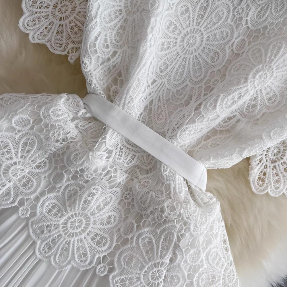 Summer Elegant Crochet Lace Patchwork Chiffon Pleated Dress Women's Short Sleeve Runway Party Dresses With Belt