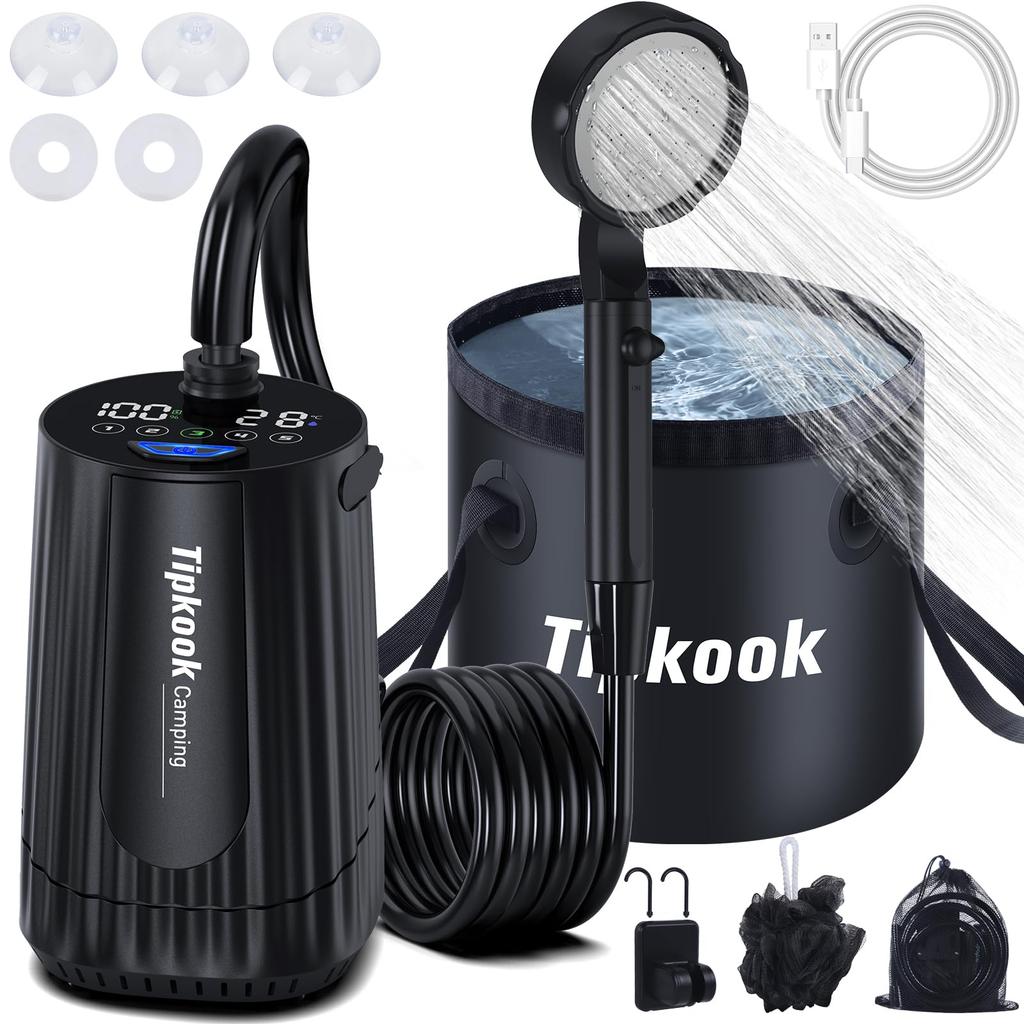 Tipkook Portable Shower with 20L Foldable Camping Electric USB 5 Speed Infinitely Adjustable Water Flow Outdoor Shower Pump with Storage Easy Shower