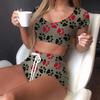 2 Pcs/Set Women Pajamas Set V Neck Cartoon Paw Print Color Matching Drawstring High Waist Slim Fit Short Sleeve Sleepwear Homewear Top Shorts Set