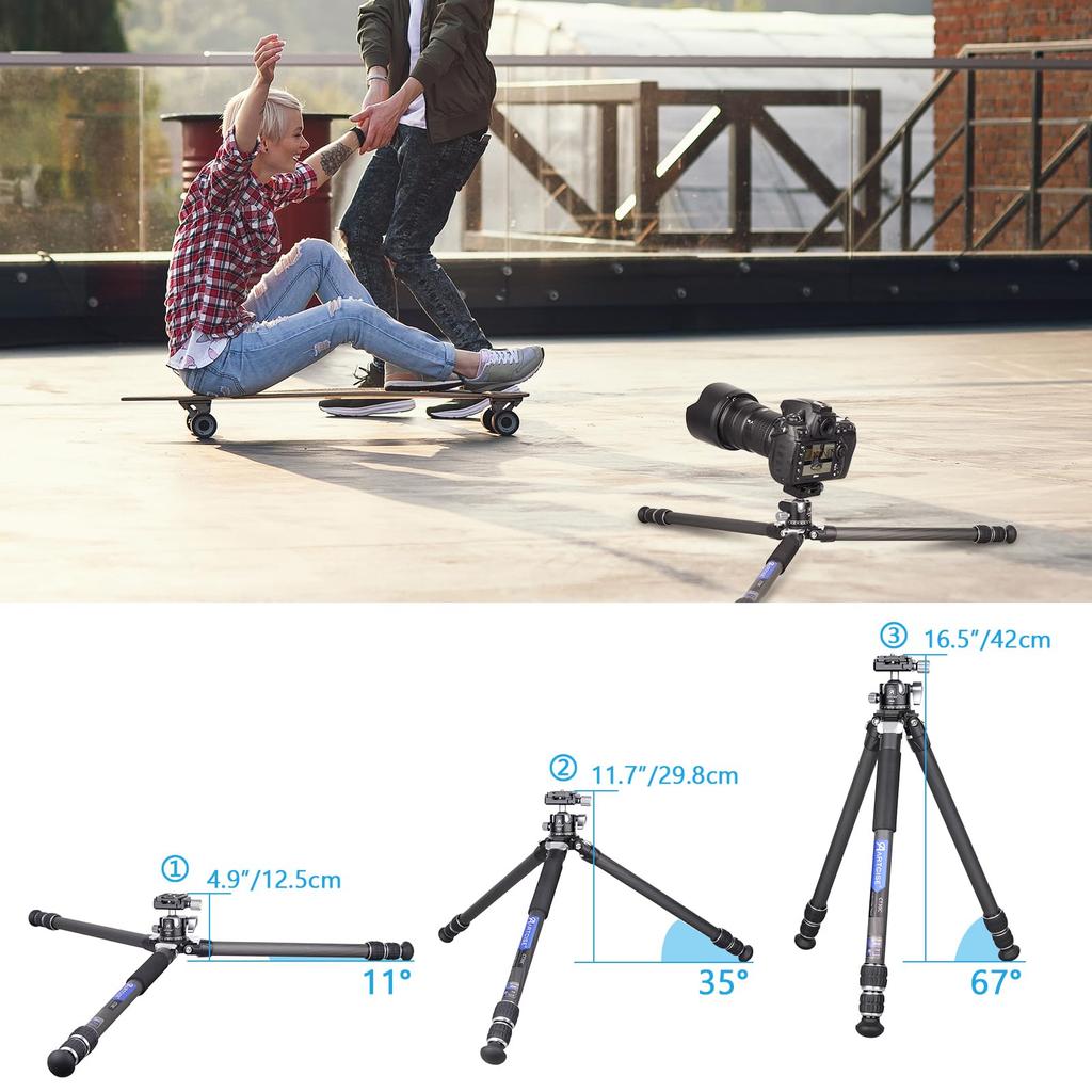 ARTCISE Carbon Fiber Tripod with Low Center of Gravity Ball Head 28mm Ball with Storage Diameter Smaller Than a Aluminum Tripod 15kg Load Height