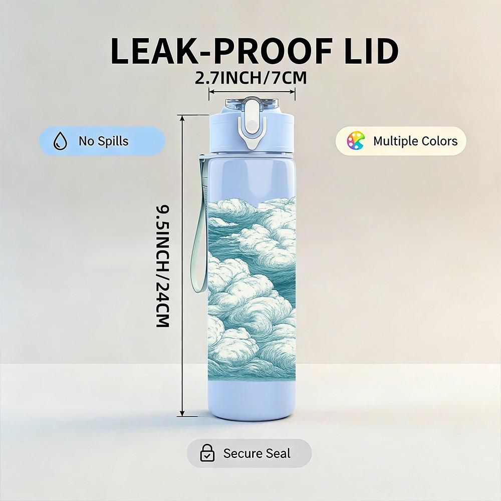 1PC Soft White Blue Cumulus Cloud Texture Print 750ml Color Plastic Sports Water Bottle Leakproof Flip Straw Lid Suitable for Sports Office Home Use