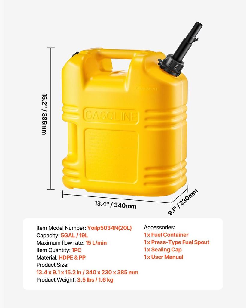 Fuel Container, 19 L, Gas Tank with Spout & Clear Scale, 15 L/min Max Flow Rate, Secure & Leak-proof, Portable Flat Fluid Container for Most Cars