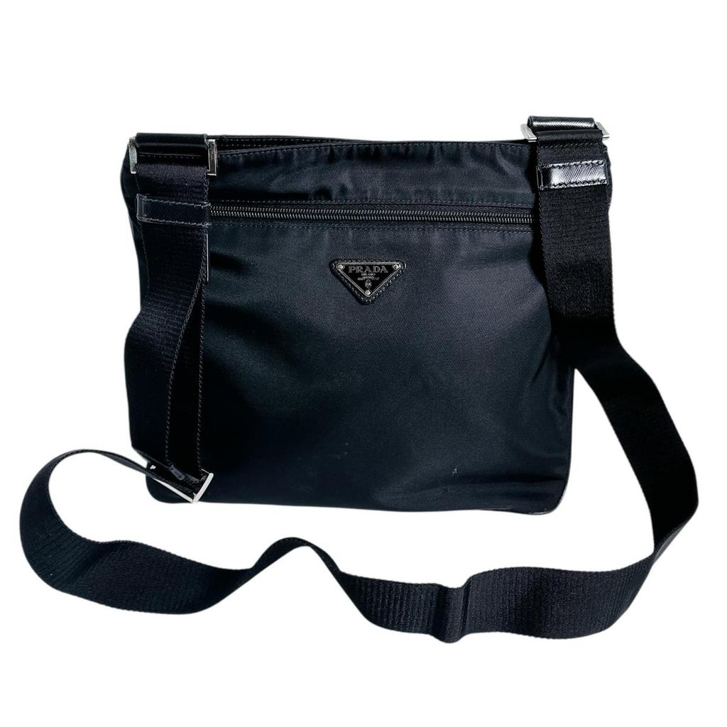 Prada Diagonally Hung Triangle Logo Shoulder Bag Nylon Black Unisex Used