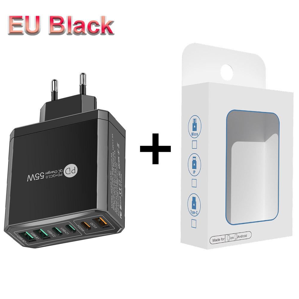 55W QC 3.0 Six-Port Fast Mobile Charger with PD, USB Ports, EU/US/UK Compatibility