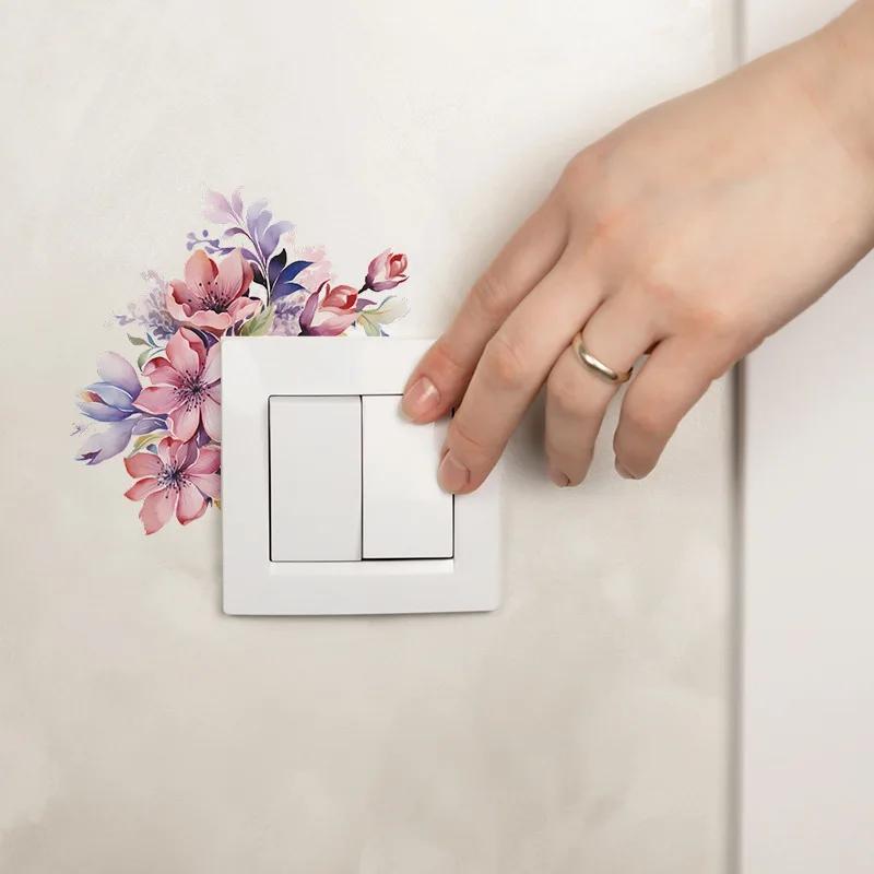 1pc Romantic Beautiful Flowers Children's Room Bedroom Home Decoration Switch Wall Sticker Self-adhesive Wallpaper