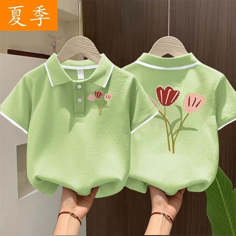 Girls Summer Korean Unique Print Polo Shirt Baby Short Sleeve Collar Top Breathable Casual Tee