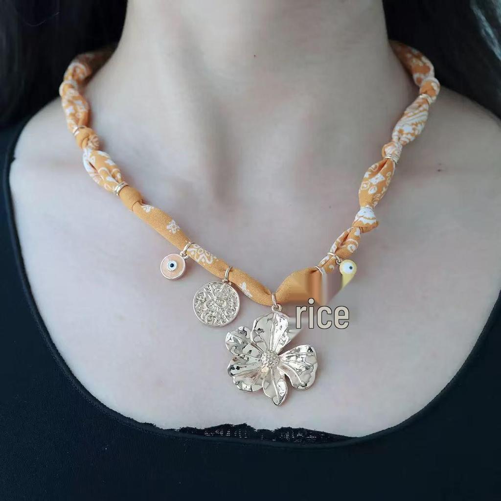 European & American Style Dopamine Color Silk Scarf Necklace with Christmas Bow and Multi-Pendant.