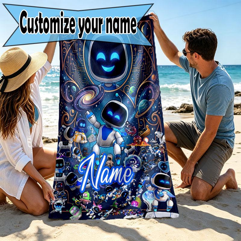 Custom Name Personalized Cosmic Bot Crew Print Beach Towel, for Trip Camping Beach Party Home Decor, Birthday Gift for Family & Friends