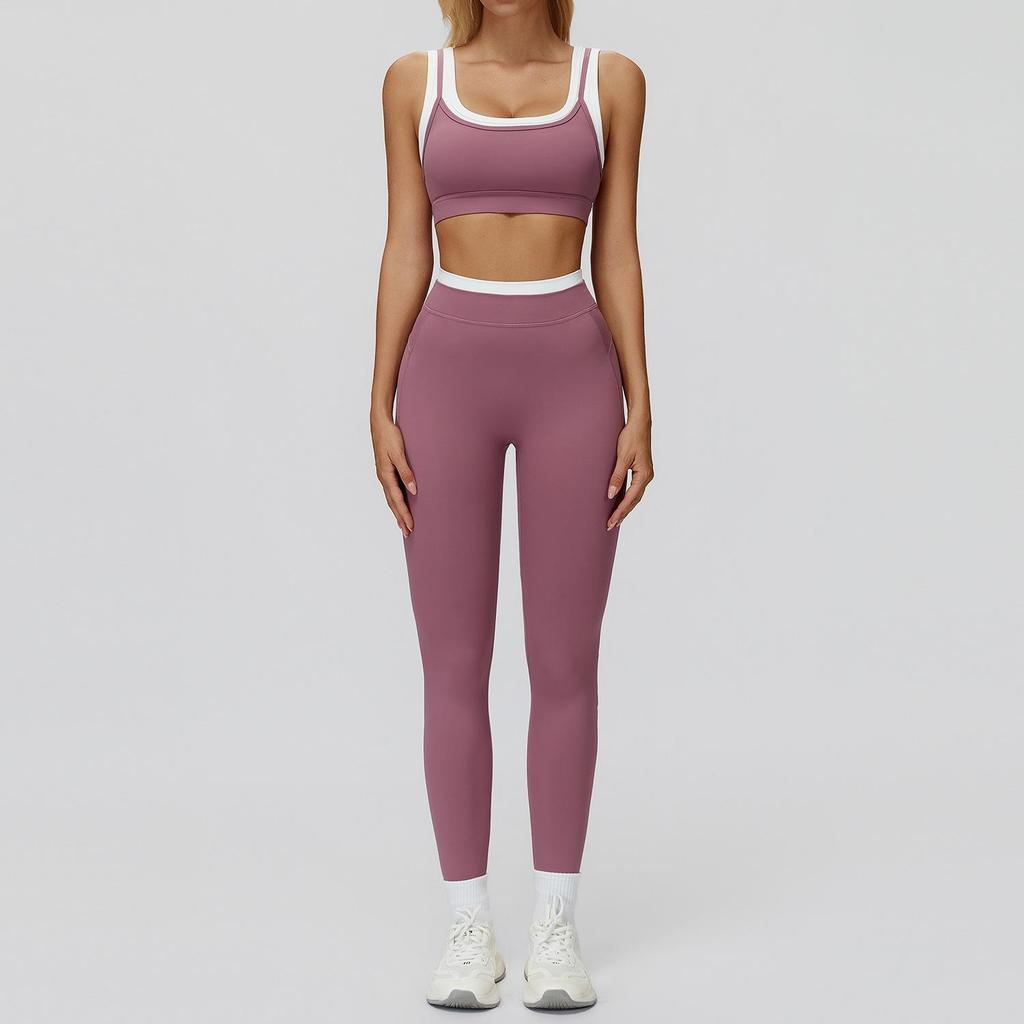 Completo da Yoga da Donna Transfrontaliero: Color Block Nude Feel, Vita Alta Costolata, Abbigliamento Sportivo Fitness Versatile