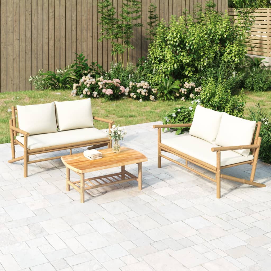 3 Piece Garden Lounge Set with Cushions Cream Bamboo