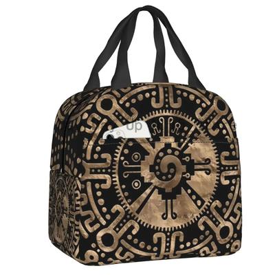 Maya Azteken Hunab Ku Gold auf Schwarz Isolierte Lunchtasche für Frauen Tragbare Kühltasche Thermische Lunchbox Strand Camping Reise