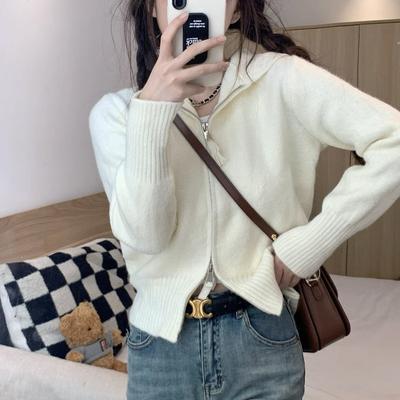 Graue Pulloverjacke Kapuzenoberteil Damen Schulter Pendlerstil Frühling und Herbst Doppelreißverschluss Kapuzen-Strickpullover Damen