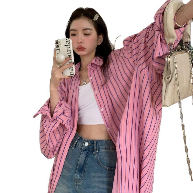 Pink Color-block Striped Shirt for Women, Spring/summer New Mid-length Loose Sun-protection Cardigan, Versatile Shirt, Casual Top