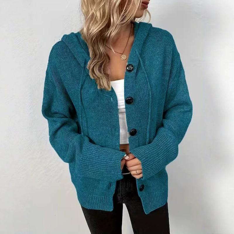 Women S Hooded Knit Button Cardigan Loose Fit Solid Color Sweater Coat