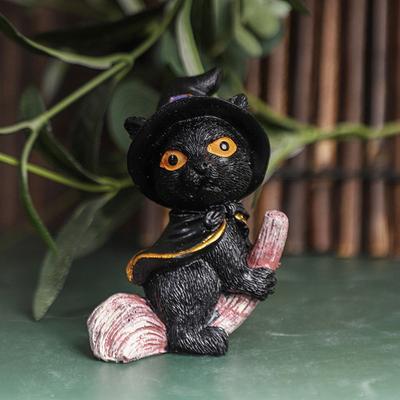 Decorative Witch Cats Figurine Resin Black Cat Witch Statue Creative Broomstick Cat  Desktop