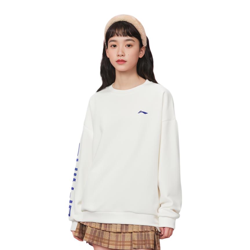 Li Ning Logo Print Letter Warm Pullover Loose Sweatshirt Unisex Sweatshirt White YWDU485-1