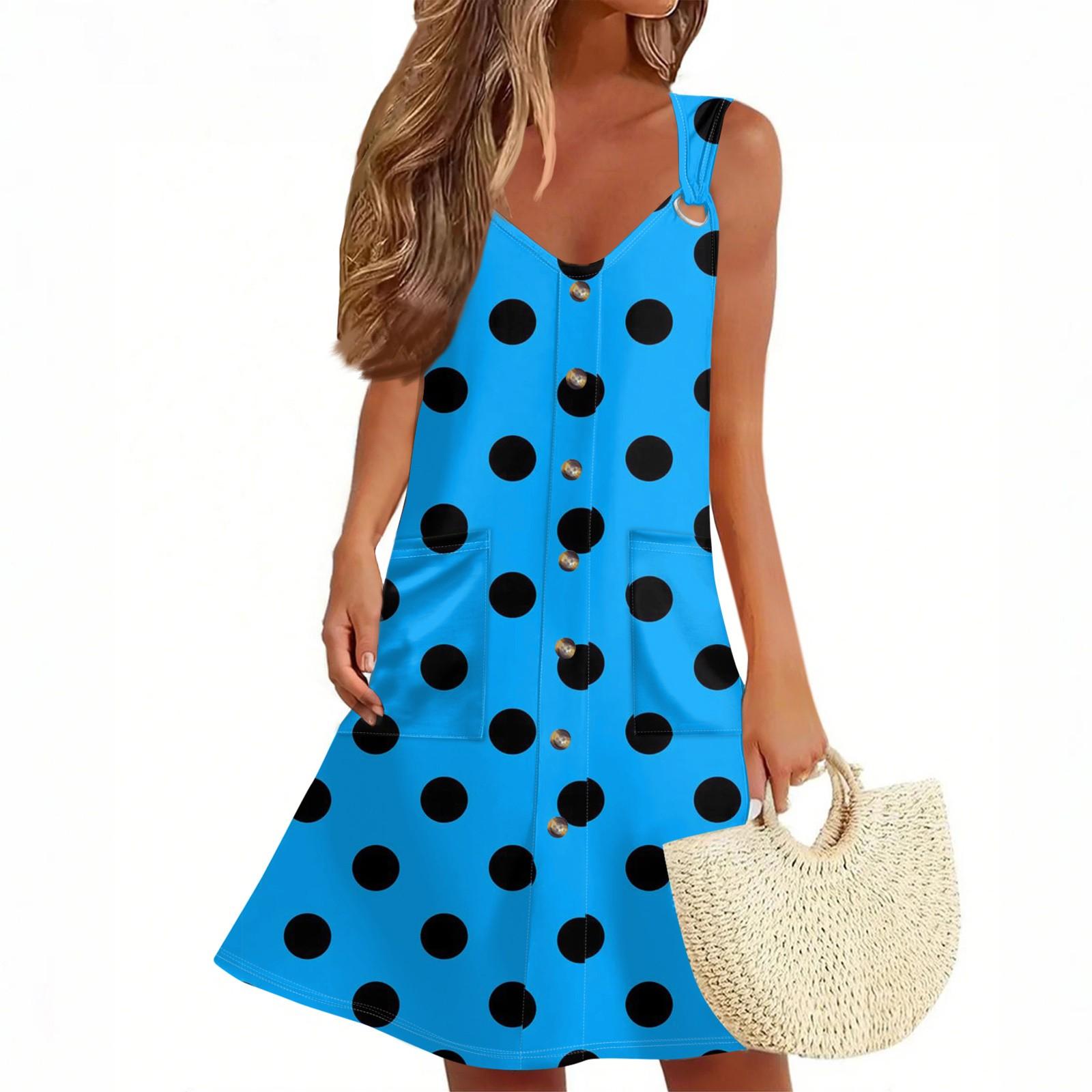 

Женское летнее платье с карманом, без рукавов, сарафан с принтом в горошек L синий