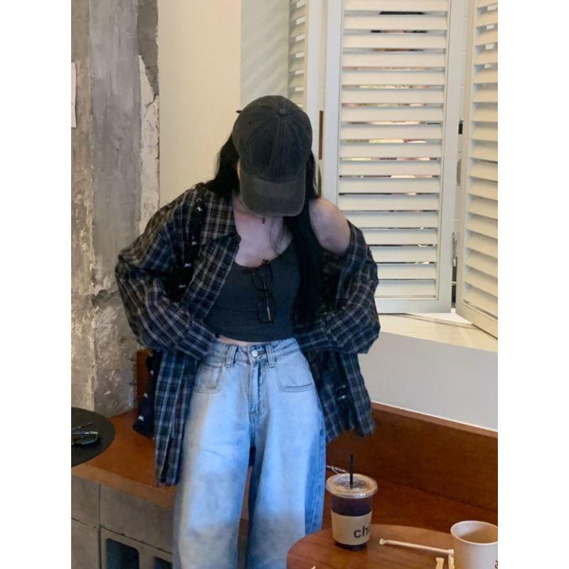 Kumikumi American Retro Gingham Polo Collar Shirt Coat Women's Clothing Early Autumn Mid Length Long Length BF Style Loose Tops