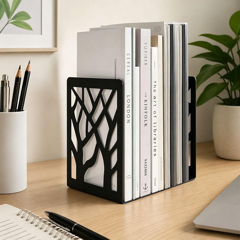 2Pcs Hollow Tree Pattern Metal Bookends T-Shape Non-slip Book Holder  Gift