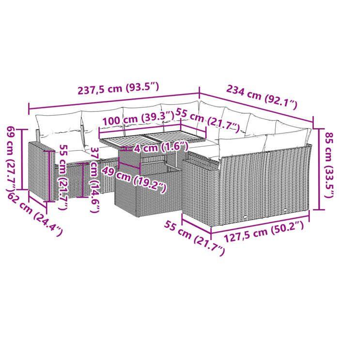 VidaXL Salon de jardin 9 pcs avec coussins gris résine tressée, ensemble de canapés d'extérieur, salon de jardin, ensemble 3327021